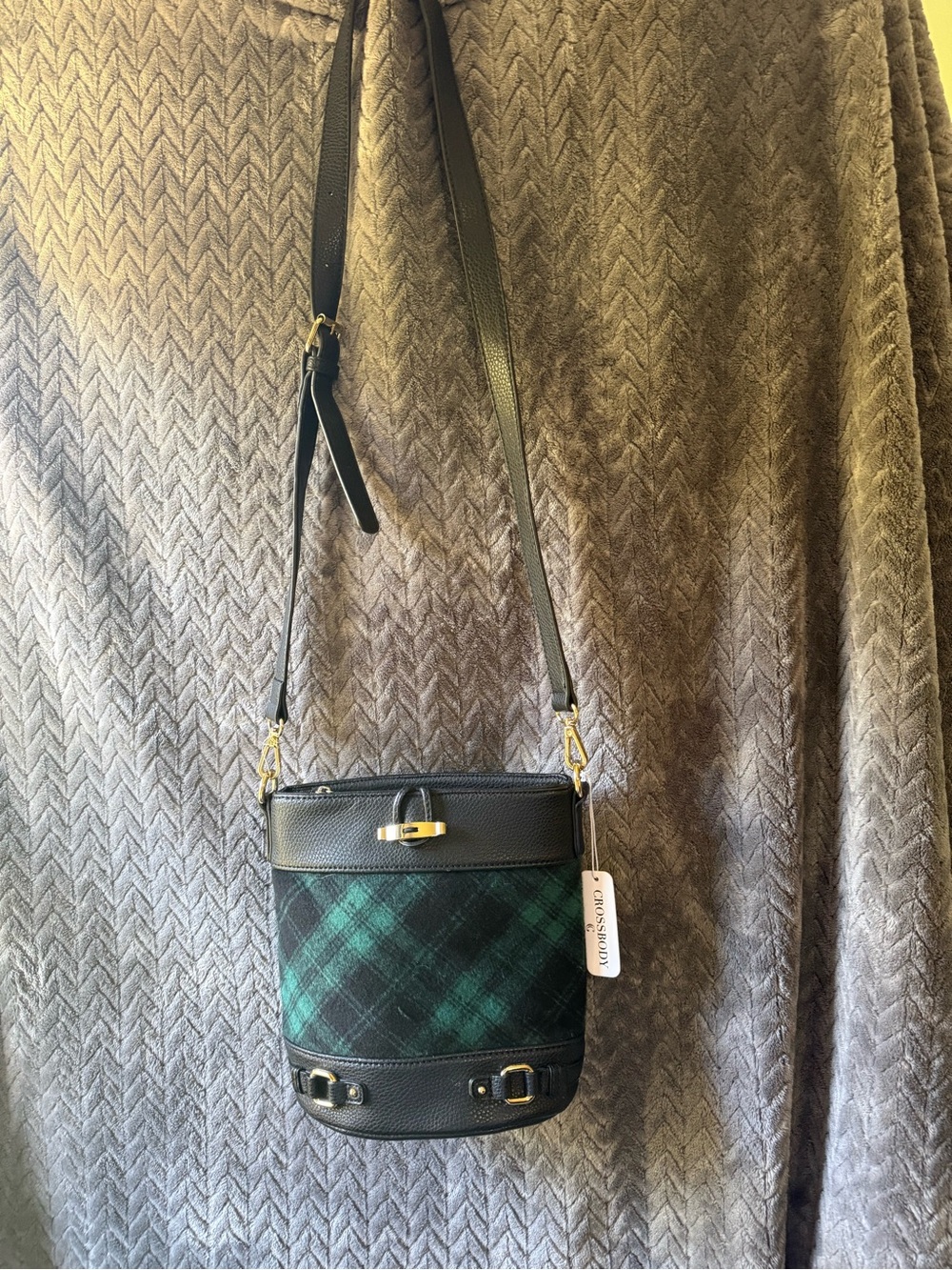 Charming Charlie Black and Green Plaid Bucket Crossbody Bag